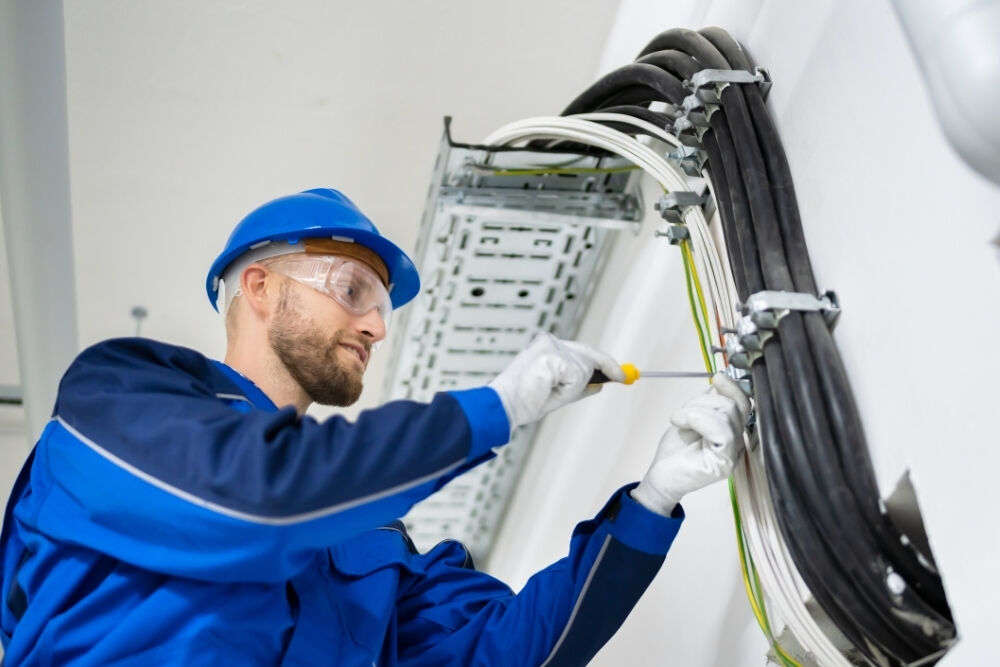 Commercial electrician managing a cluster of cables